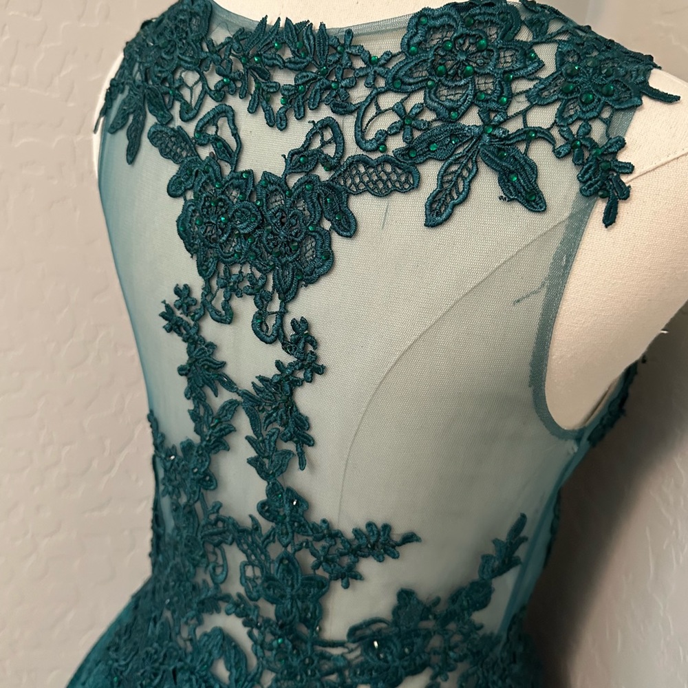 NEW JOVANI SZ 8 HUNTER GREEN NUDE ILLUSION FIT FLARE BEADED LACE FORMAL DRESS - Picture 7 of 14